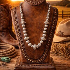 Western Silver Beaded Statement Necklace | Navajo-Inspired Pearl Style |Handmade